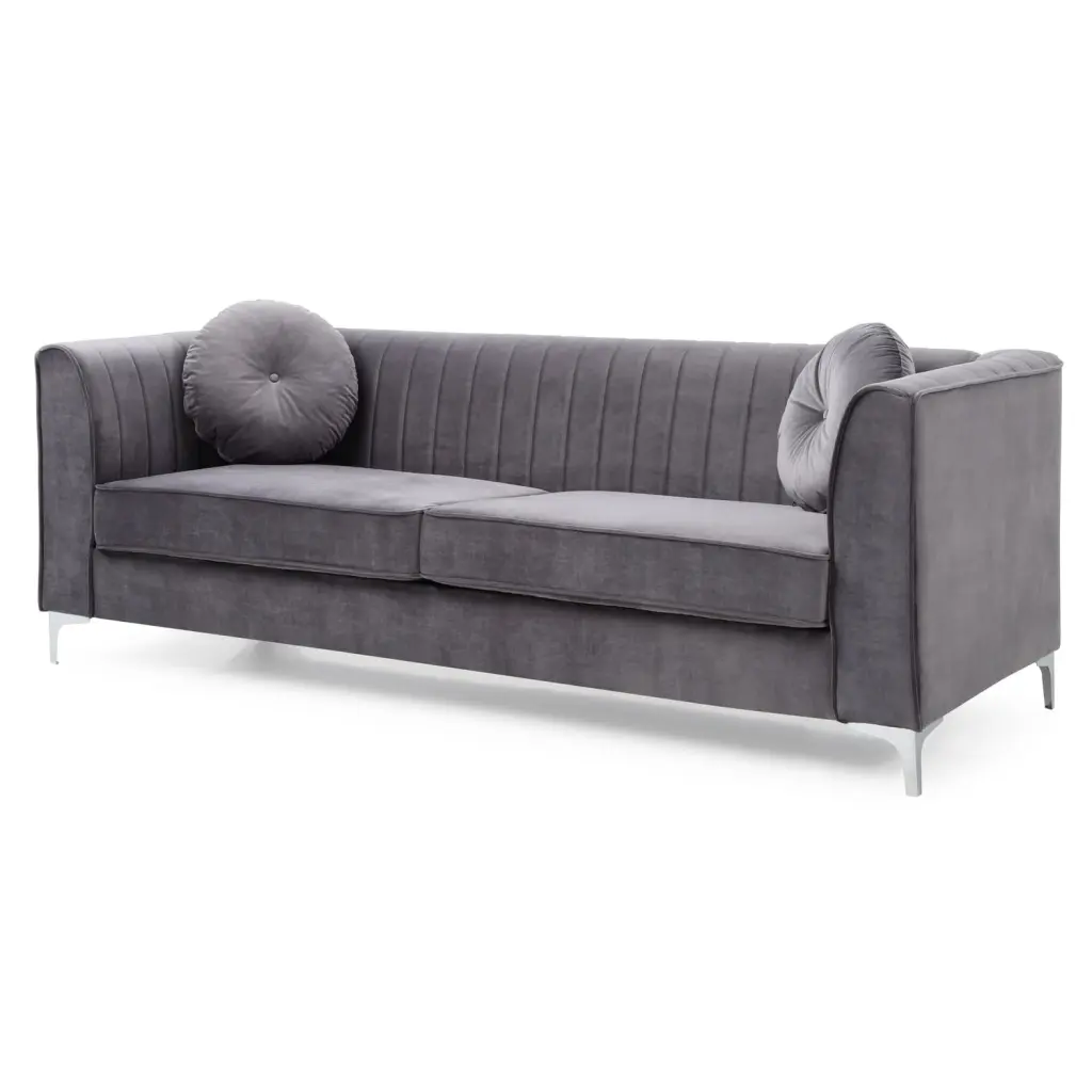 Passion Furniture Delray 87 Inch Gray Velvet 2-Seater Sofa Throw Pillows Contemporary Living Room Couch