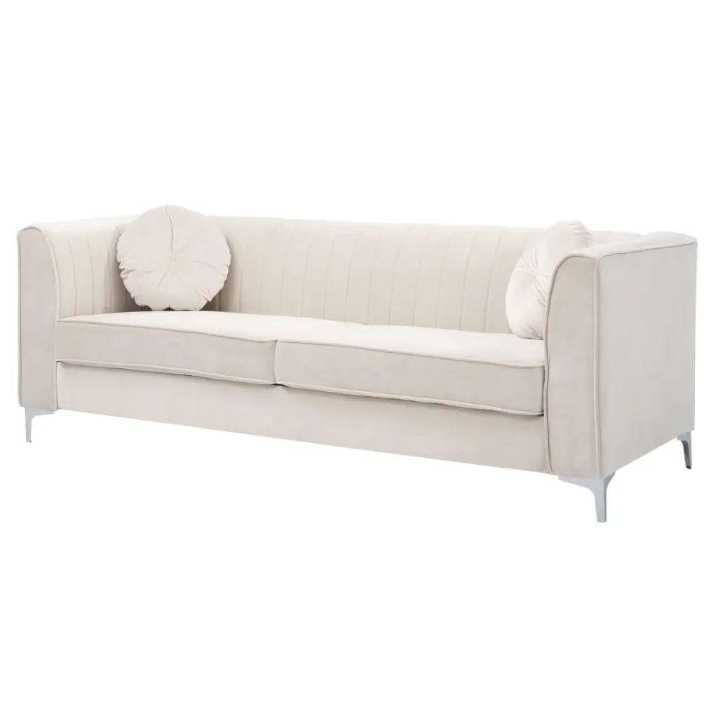 Passion Furniture Delray 87 Inch Ivory Velvet 2-Seater Sofa Throw Pillows Elegant Living Room Couch