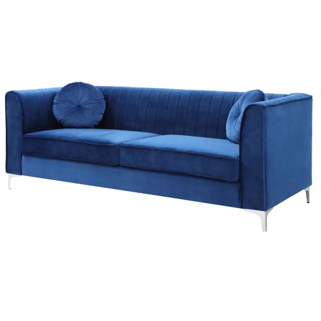 Passion Furniture Delray 87 Inch Navy Blue Velvet 2-Seater Sofa Throw Pillows Luxury Loveseat
