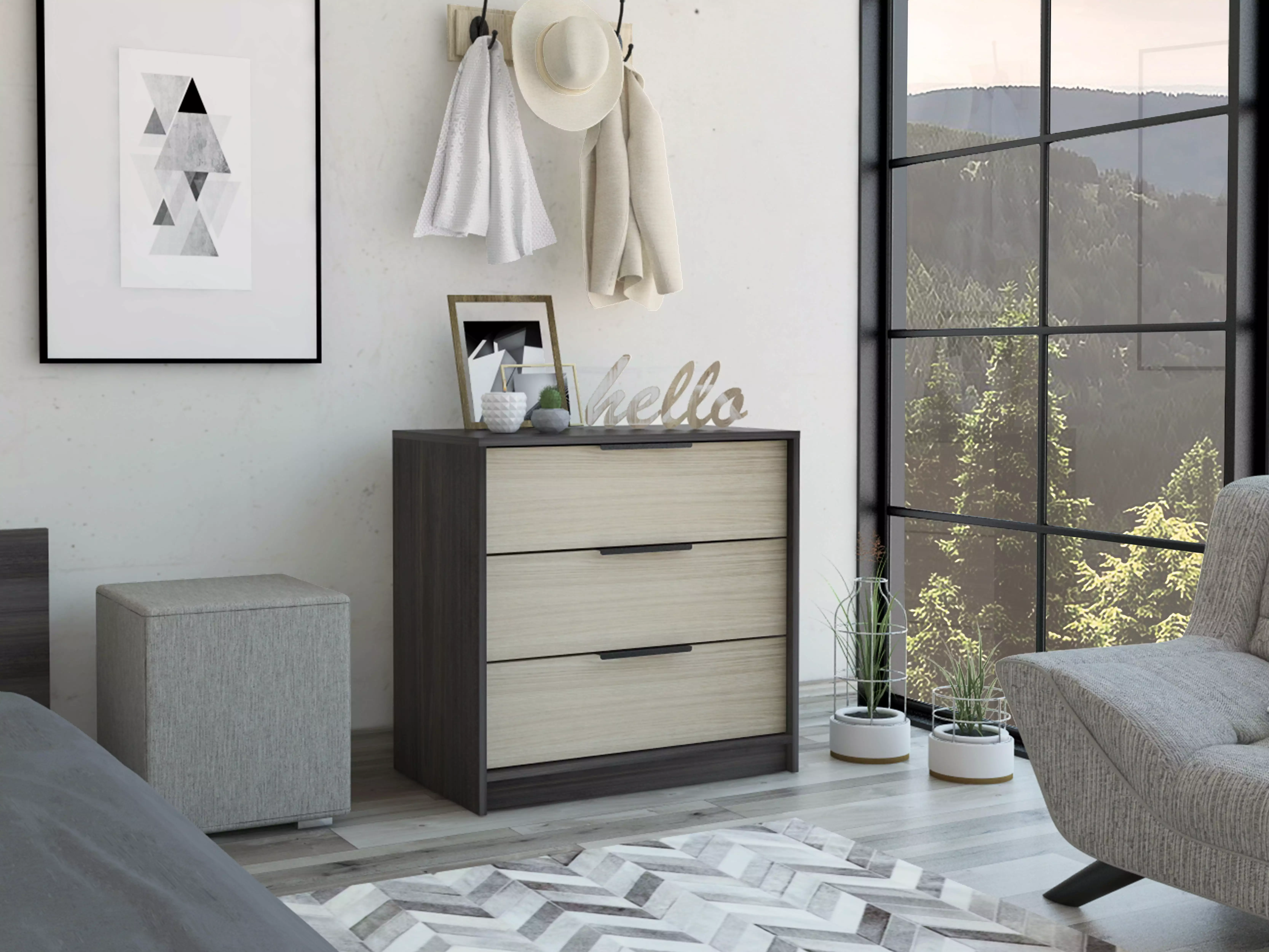 Homiyad 3-Drawer Rectangle Dresser - Black Wengue and Light Oak Bedroom Dresser