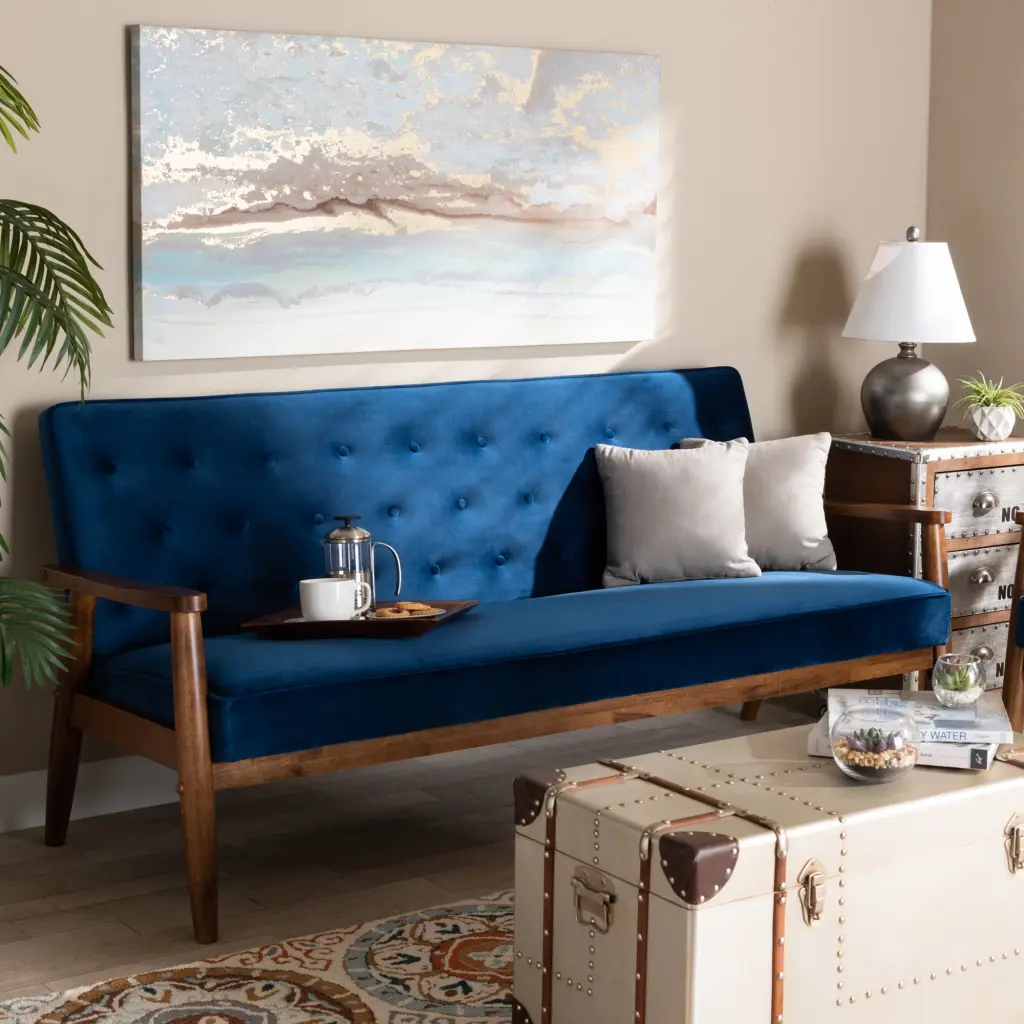 Baxton Studio Sorrento Navy Blue Velvet 3-Seater Sofa Walnut Wood Legs - Mid-Century Modern