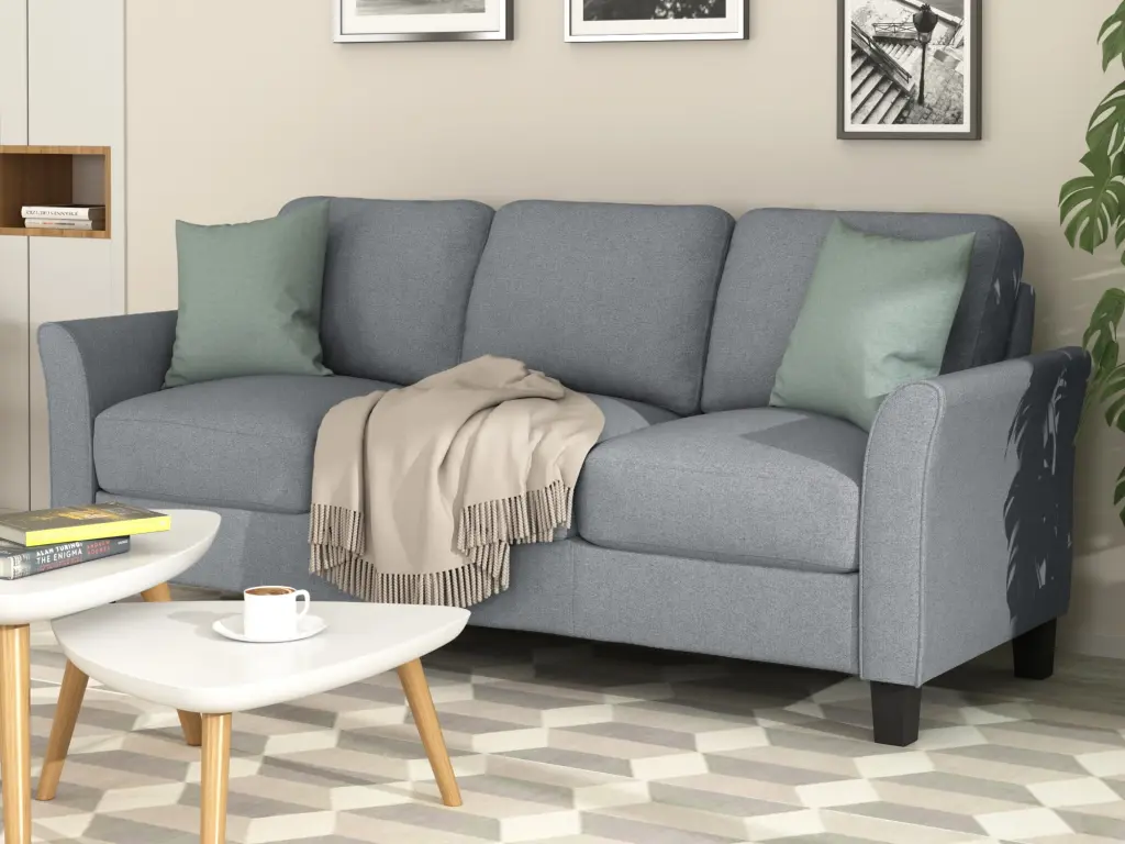 3-Seat Living Room Linen Fabric Sofa Gray Modern Design SSJL