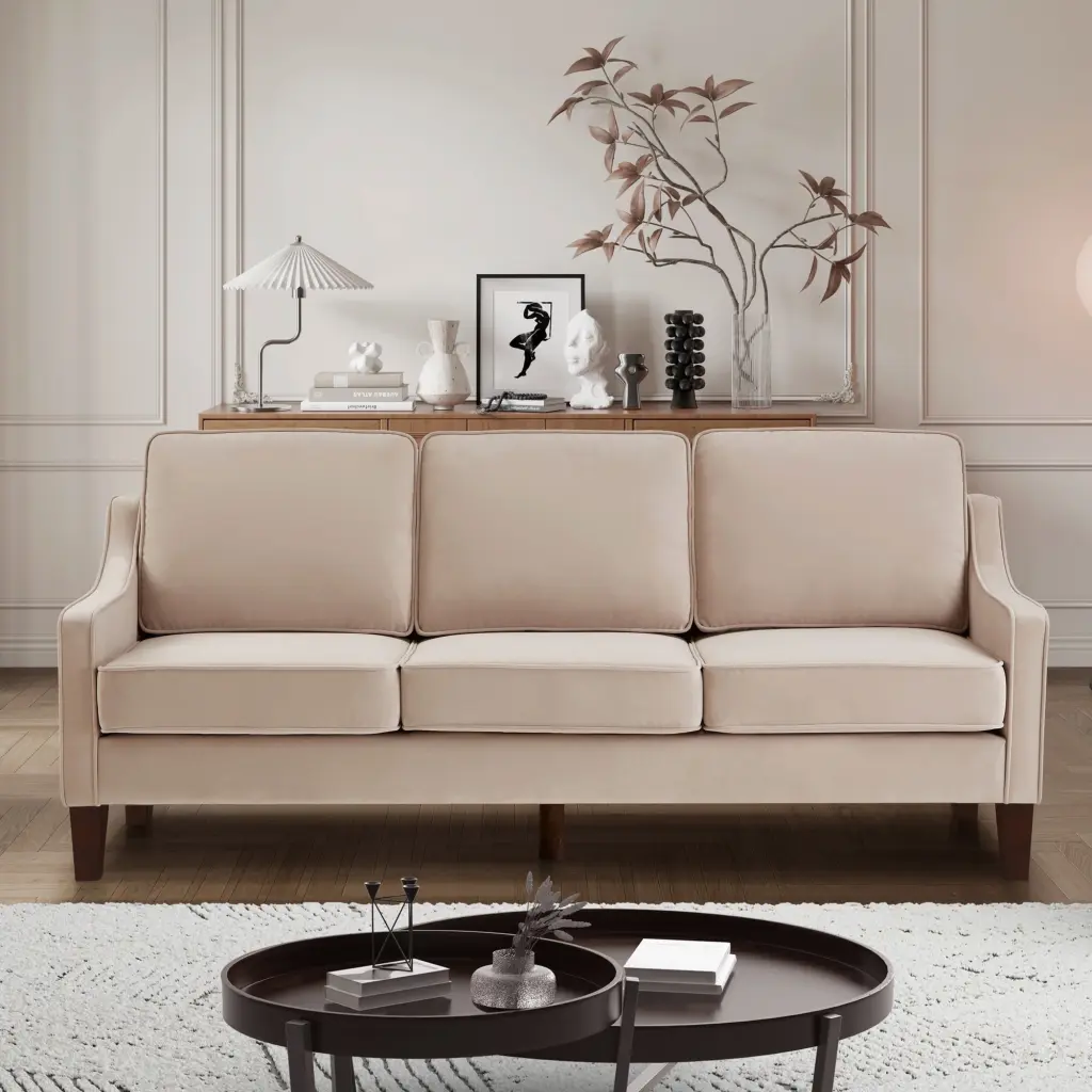 Yaksha Modern 3-Seat Velvet Sofa Scooped Armrests Wood Legs Removable Cushions Taupe Livingroom Bedroom