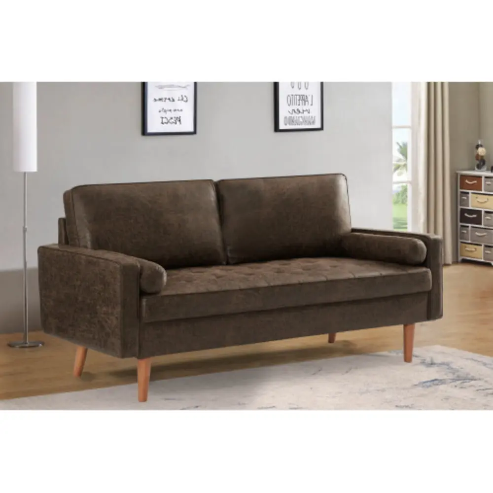 Mid Century Modern Faux Leather 3-Seater Sofa Button Tufted Seat and Bolster Pillows YRWL