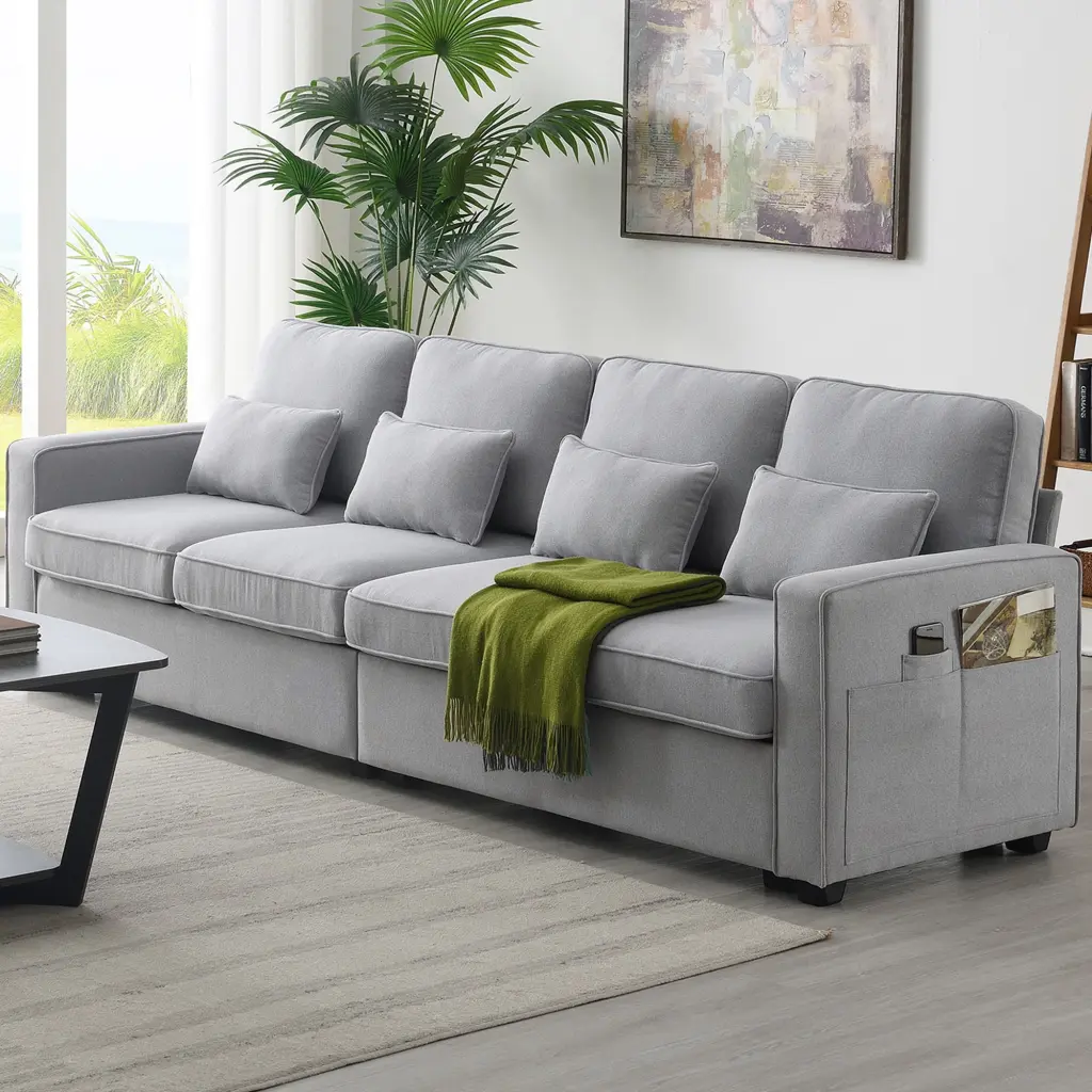 CoSoTower 104 4-Seater Modern Linen Fabric Sofa Armrest Pockets and 4 Pillows