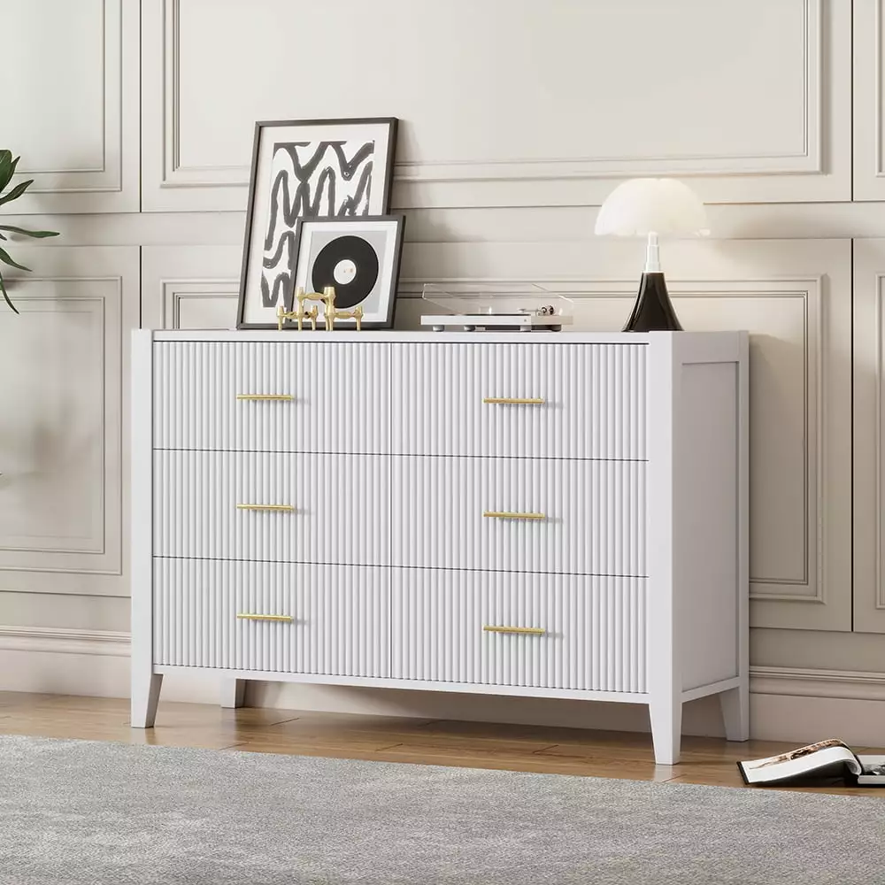 Resenkos White 6-Drawer Dresser - Vertical Stripe Design Particle Board Dresser Bedroom