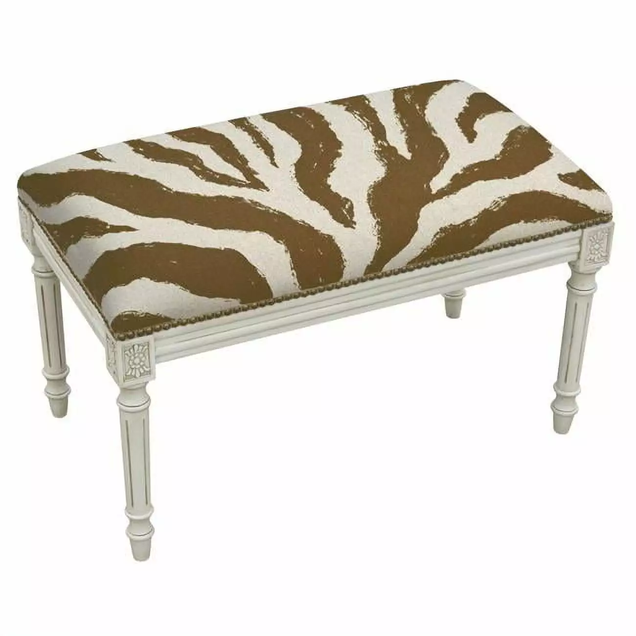 123 Creations Brown Zebra Stripes Upholstered Linen Bench Nailheads Antique White Finish Benches