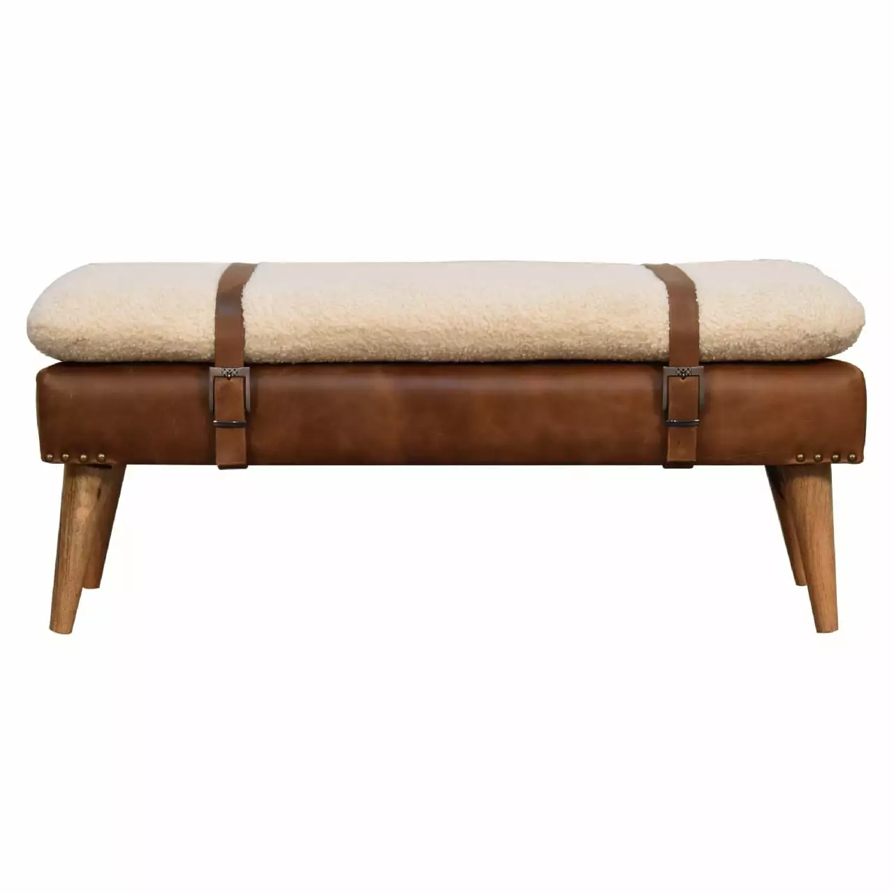 Artisan Furniture Solid Wood Upholstered Boucle Buffalo Hide Leather Bench Benches