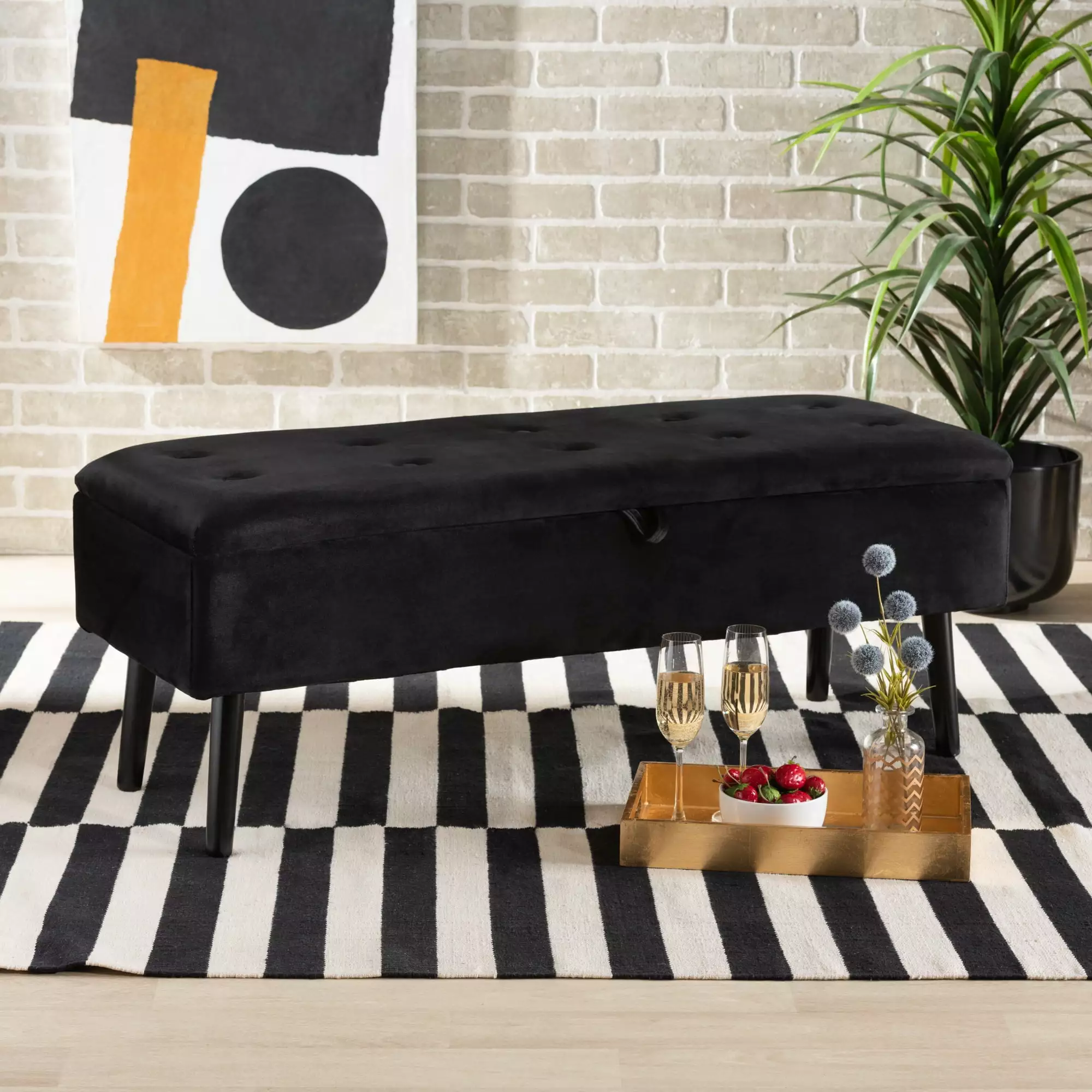 Baxton Studio Caine Upholstered and Tufted Bench Black Living Room Benches