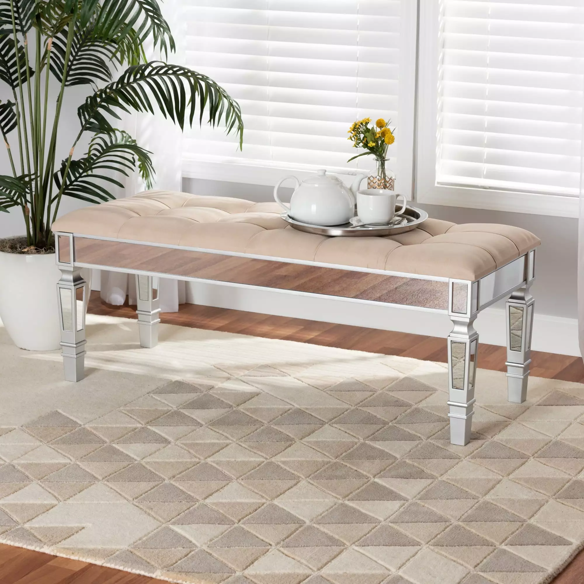 Baxton Studio Hedia Contemporary Glam Beige Fabric Upholstered Bench Silver Wood Accent Benches