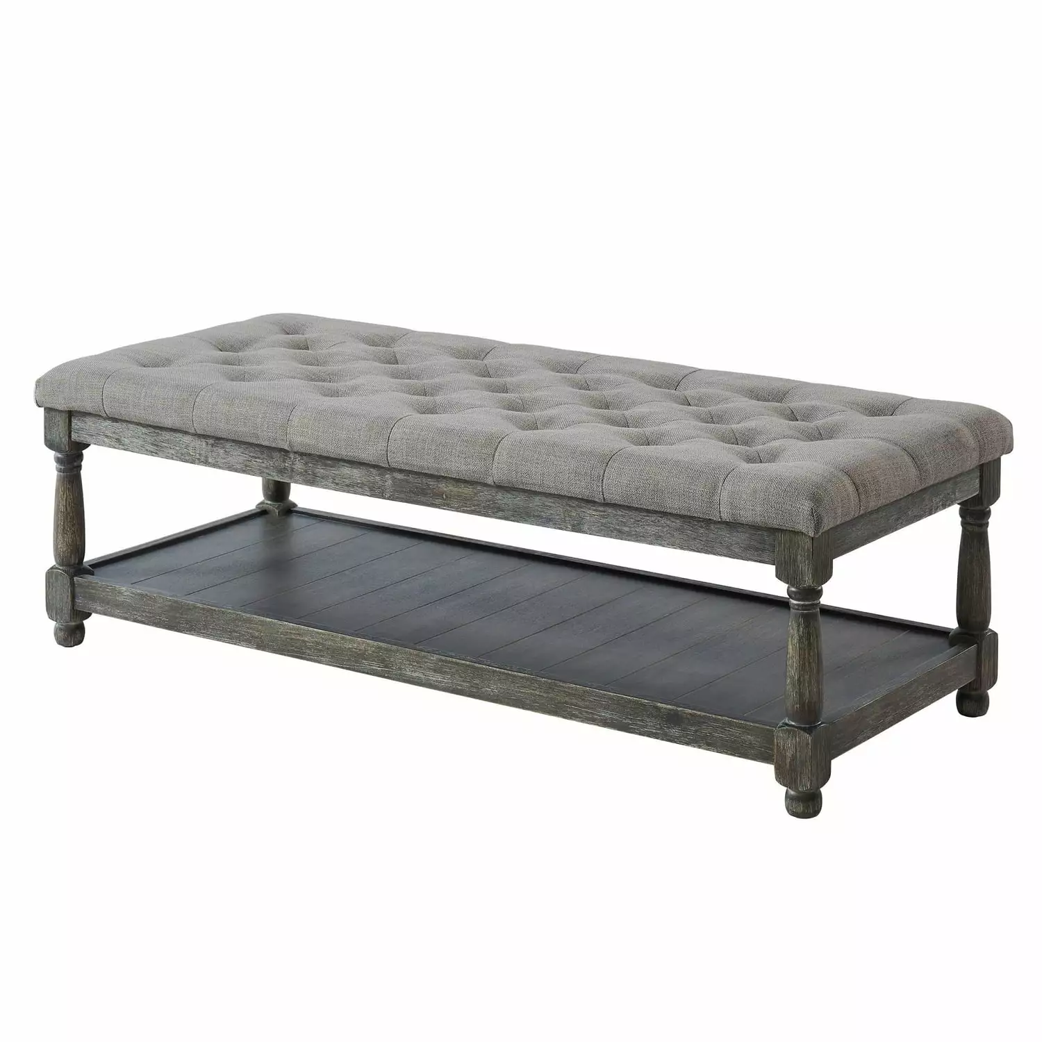 Benjara Gray Fabric Upholstered Bench Button Tufted Seat and Bottom Shelf Benches