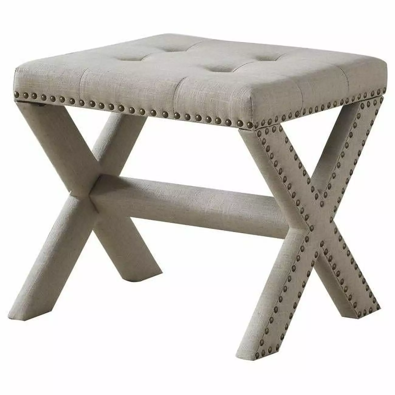 Best Master Fabric Upholstered Square Accent Bench Nail Heads Natural Finish Benches Best Master Furniture