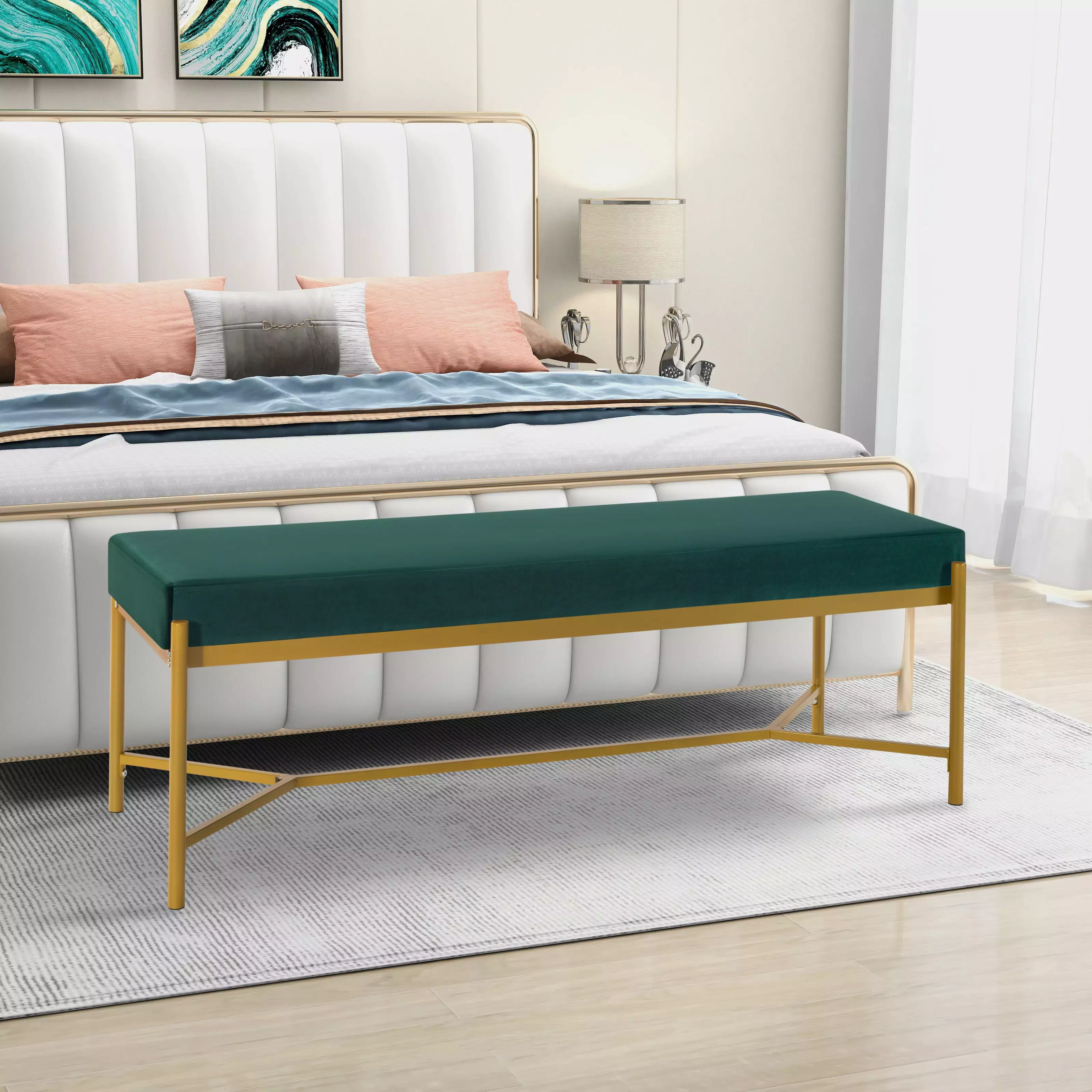 Long Upholstered Bench Green Living Room or Bedroom Benches Ghislaine