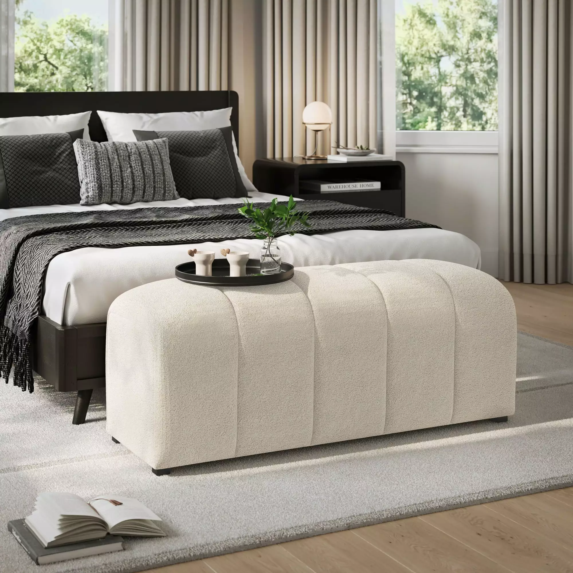 Jofran Tess Contemporary Modern Ivory Boucle Upholstered Plush Bench Benches JOFRAN INC.