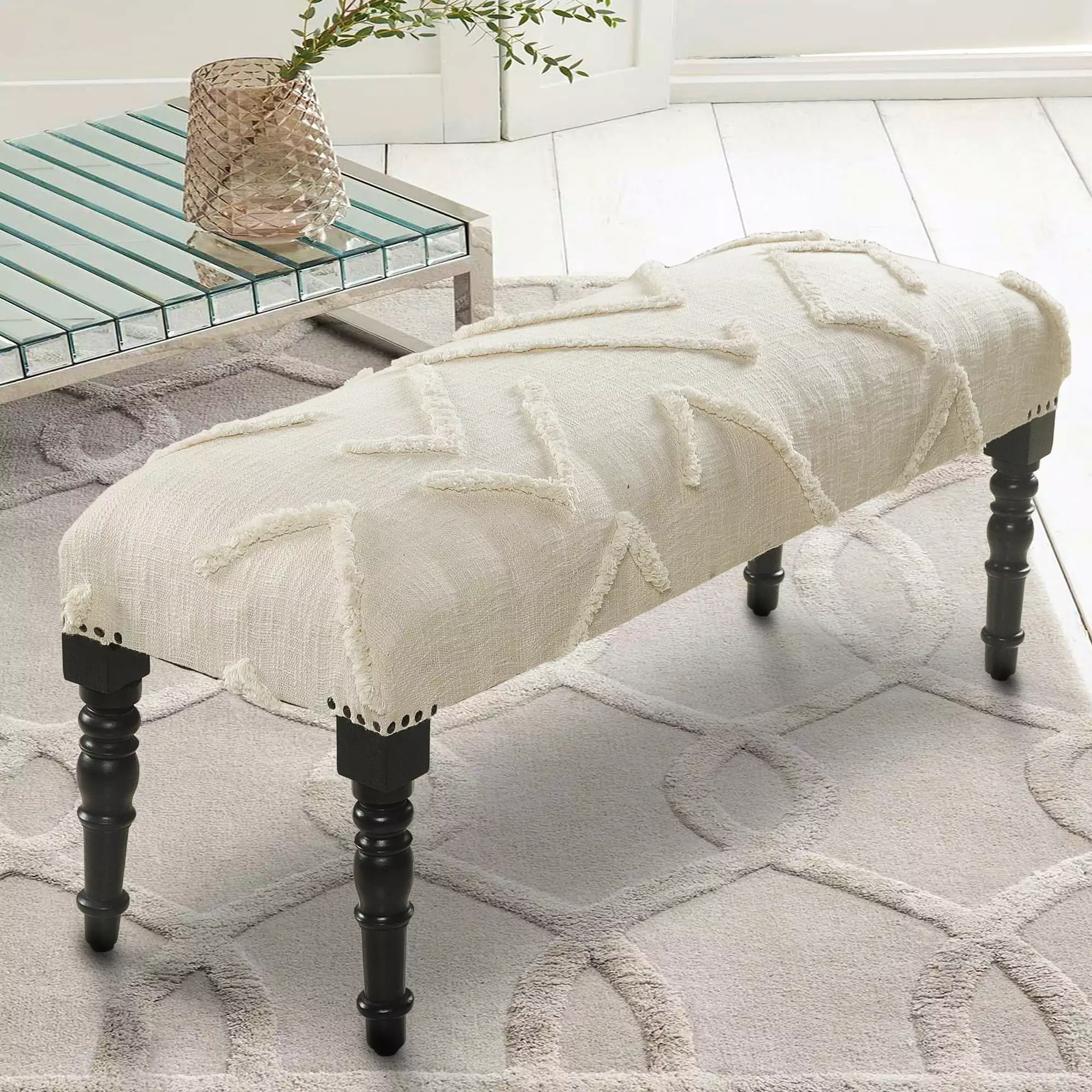 LR Home Addien Abstract Solid Color Tufted Cotton Indoor Bench Cream - Soft and Stylish Accent Bench Benches