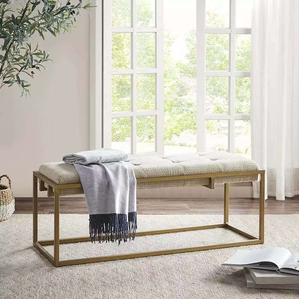Madison Park Greenwich Accent Bench Brown Fabric and Antique Bronze Legs Benches