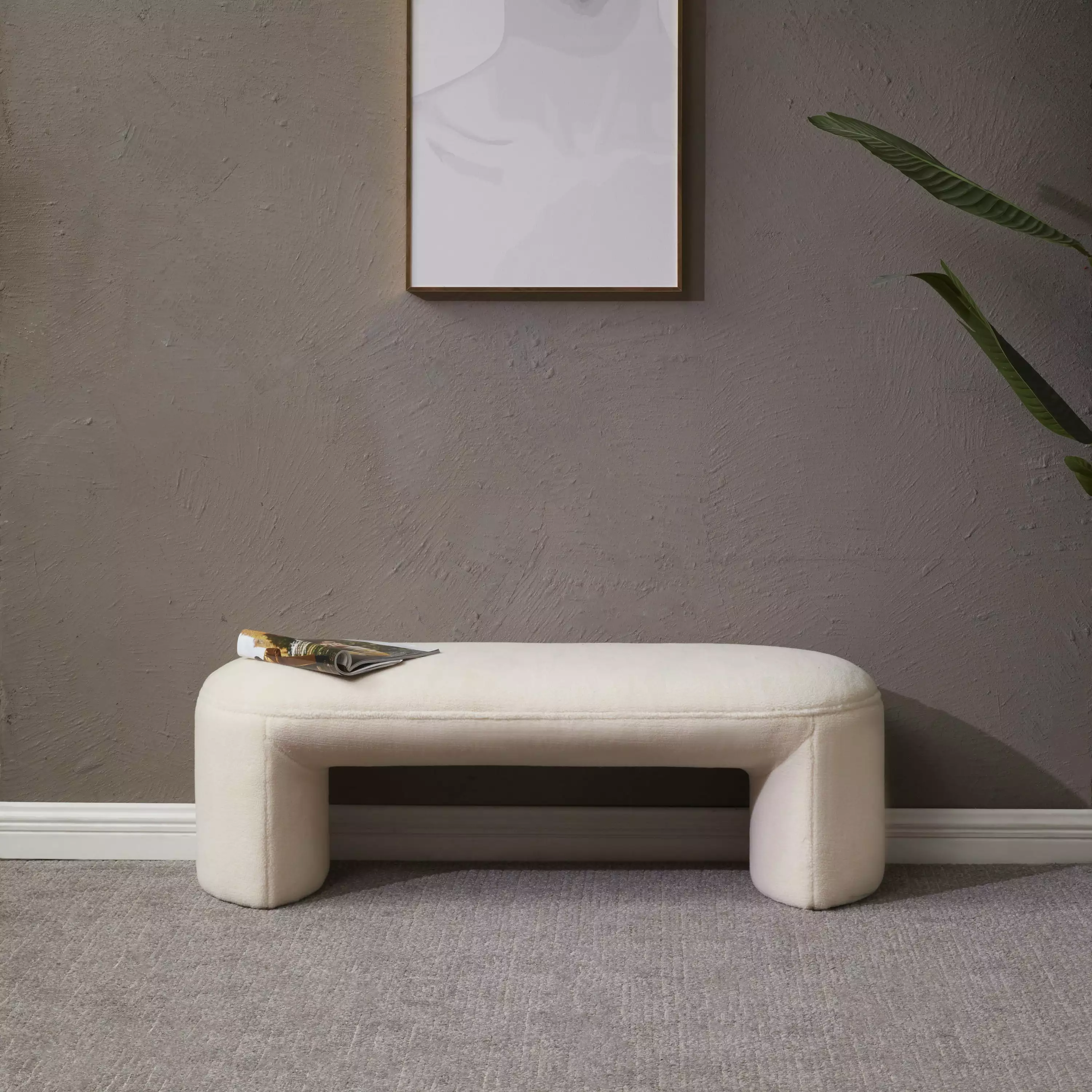 SAFAVIEH Couture Vivie Solid Faux Shearling Modern Bench Ivory Living Room Accent Benches