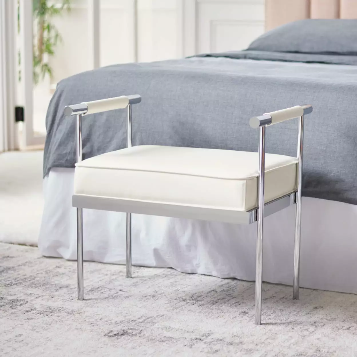 SAFAVIEH Pim Small Rectangle Bench Arms White Chrome Modern Design Benches