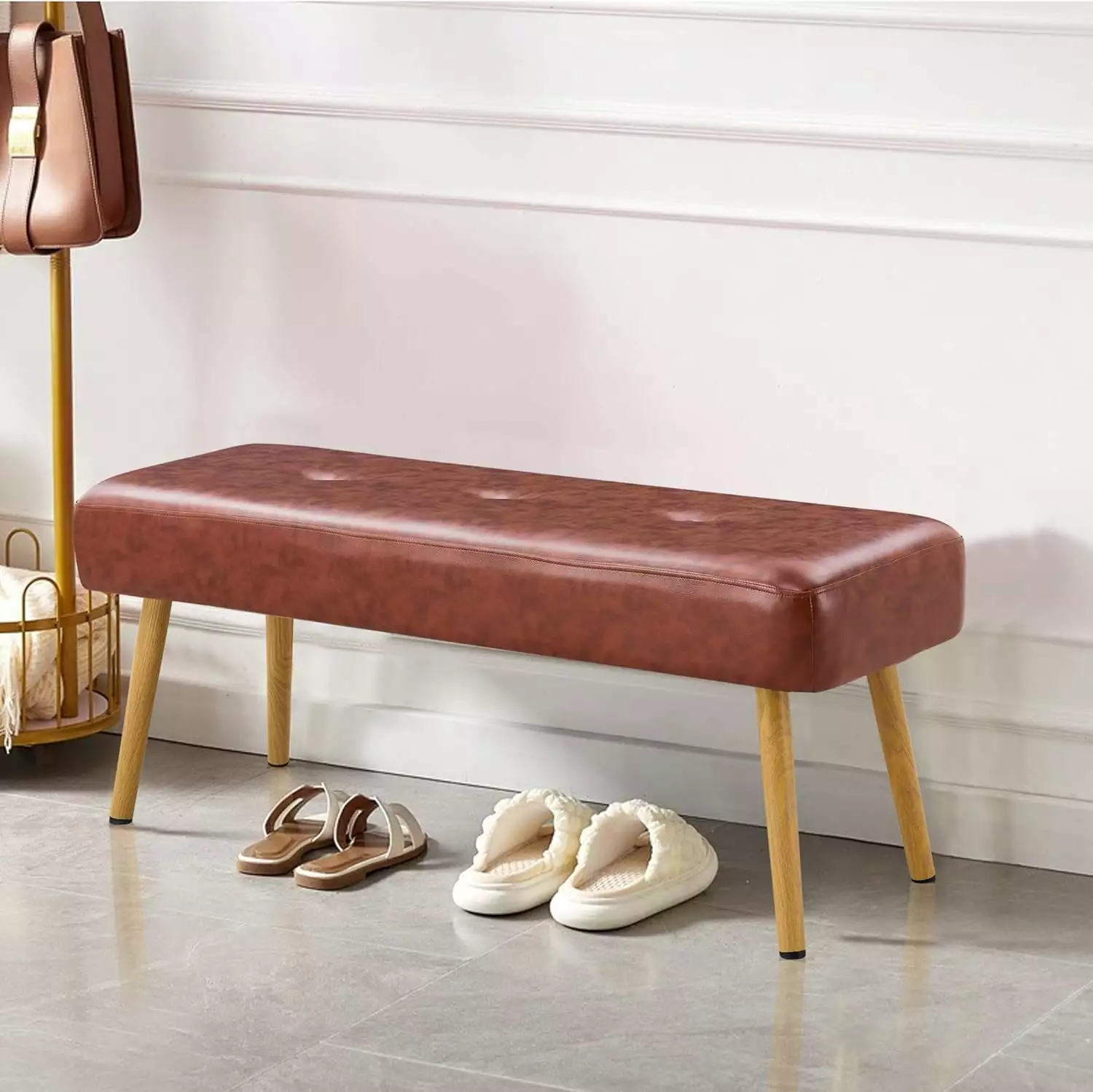 Tabaray Modern Ottoman Bench Metal Legs Upholstered PU Leather Bedroom Entryway Dining Table Brown Benches