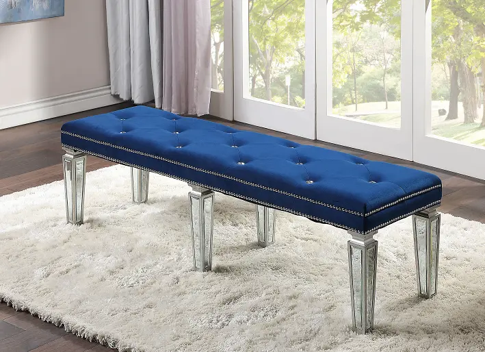 Varian Blue Velvet & Mirrored Bench - Luxury Upholstered Seat Mirror Accents