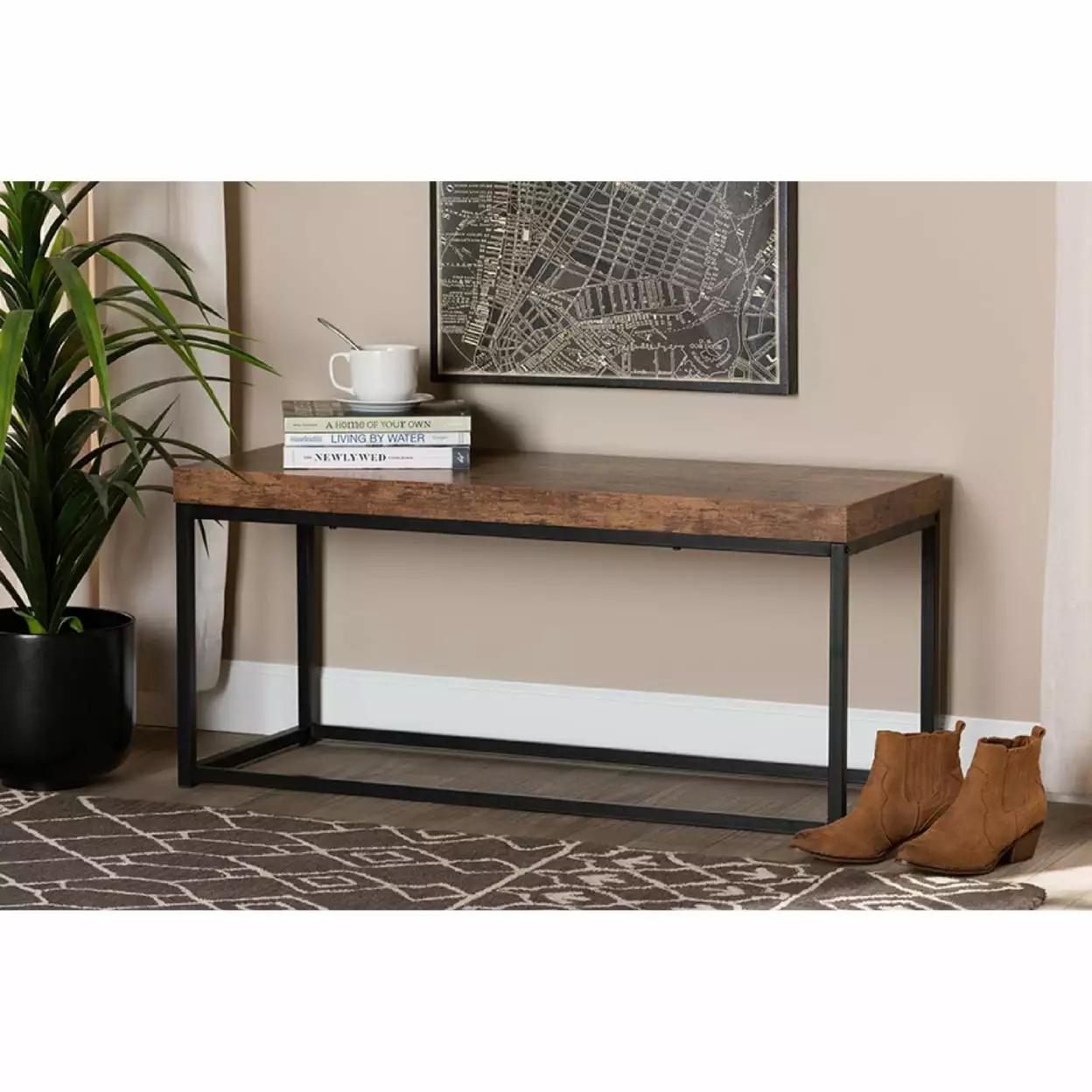 Baxton Studio Bardot Modern Industrial Walnut Brown Finished Wood and Black Metal Accent Bench - Stylish and Durable Bench...