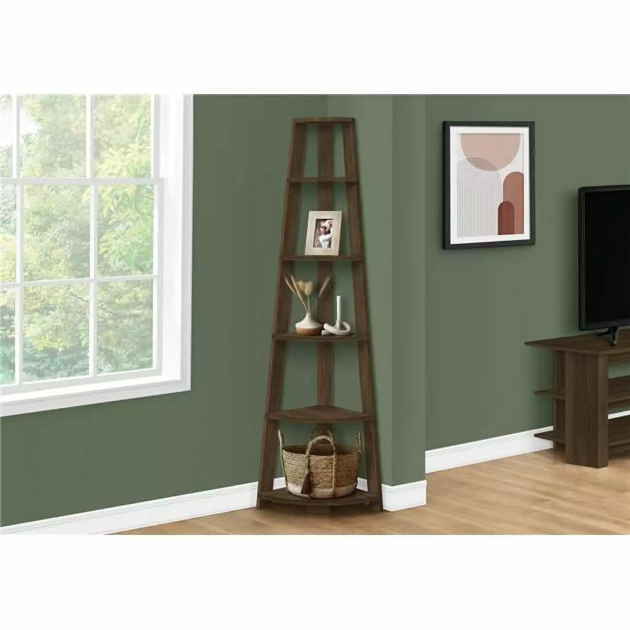 72 Inch Dark Walnut Corner Accent Etagere Bookcase Living Room Daphne's Dinnette