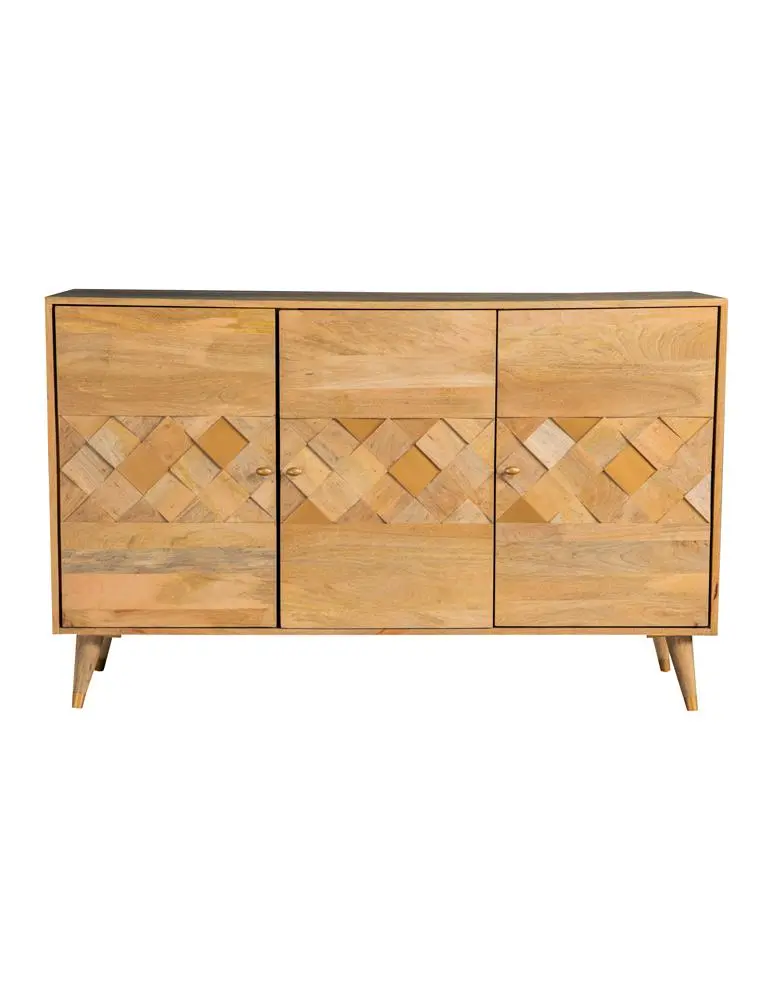 Alyssum Checkered Pattern 3-Door Accent Cabinet Natural Rustic Cupboard