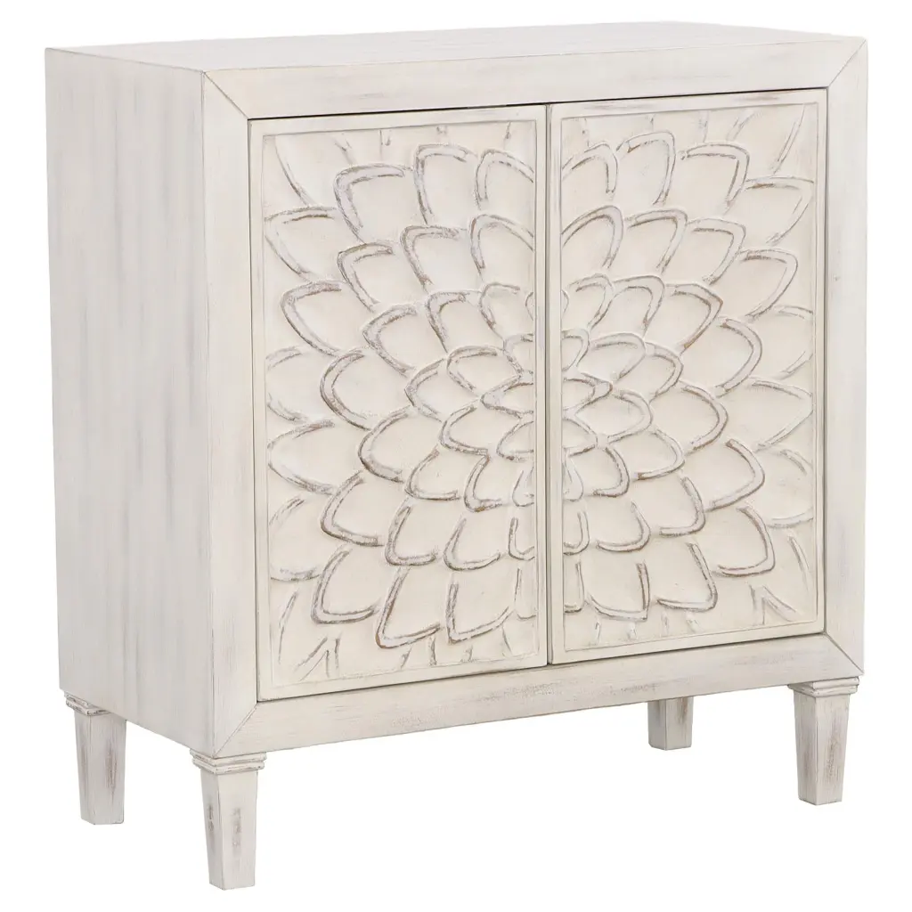Clarkia Accent Cabinet Floral Carved Door White Decorative Storage