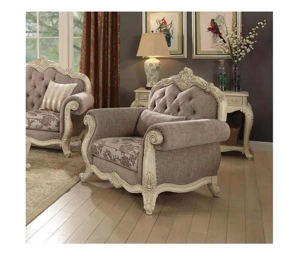 Acme Ragenardus Chair 1 Pillow Gray Fabric and Antique White - Living Room Chair