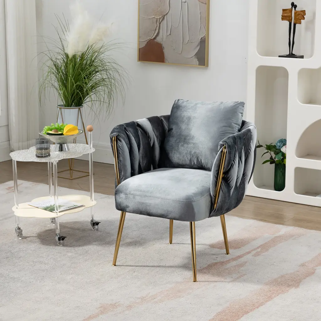 27.4 Inch Modern Velvet Accent Chair Gold Metal Leg and Throw Pillow Gray JUSTSHIK