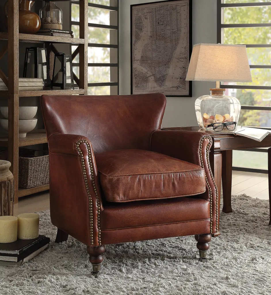 Leeds Vintage Dark Brown Top Grain Leather Accent Chair - Classic Lounge Chair