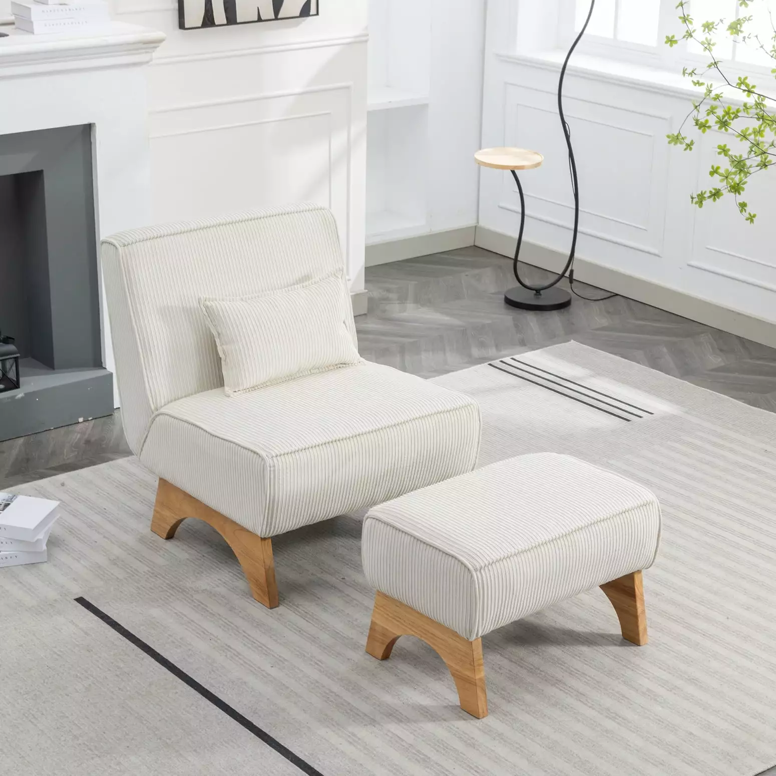 Comfortable Beige Accent Chair Ottoman Striped Corduroy Fabric Armless Reading Chair Chaise LMing