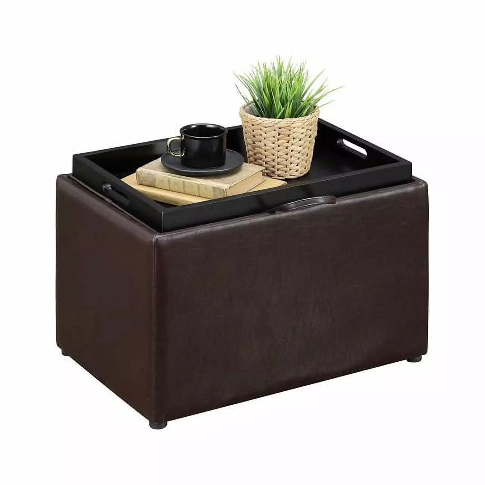 Pemberly Row Accent Storage Ottoman Espresso Faux Leather Tray Ottomans