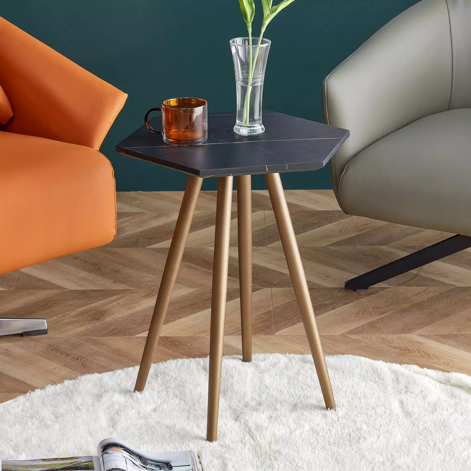 Modern Minimalism Black Faux Marble End Side Table Small Accent Coffee Table Dark Gold Metal Legs Hexagon Nightstand Livin...