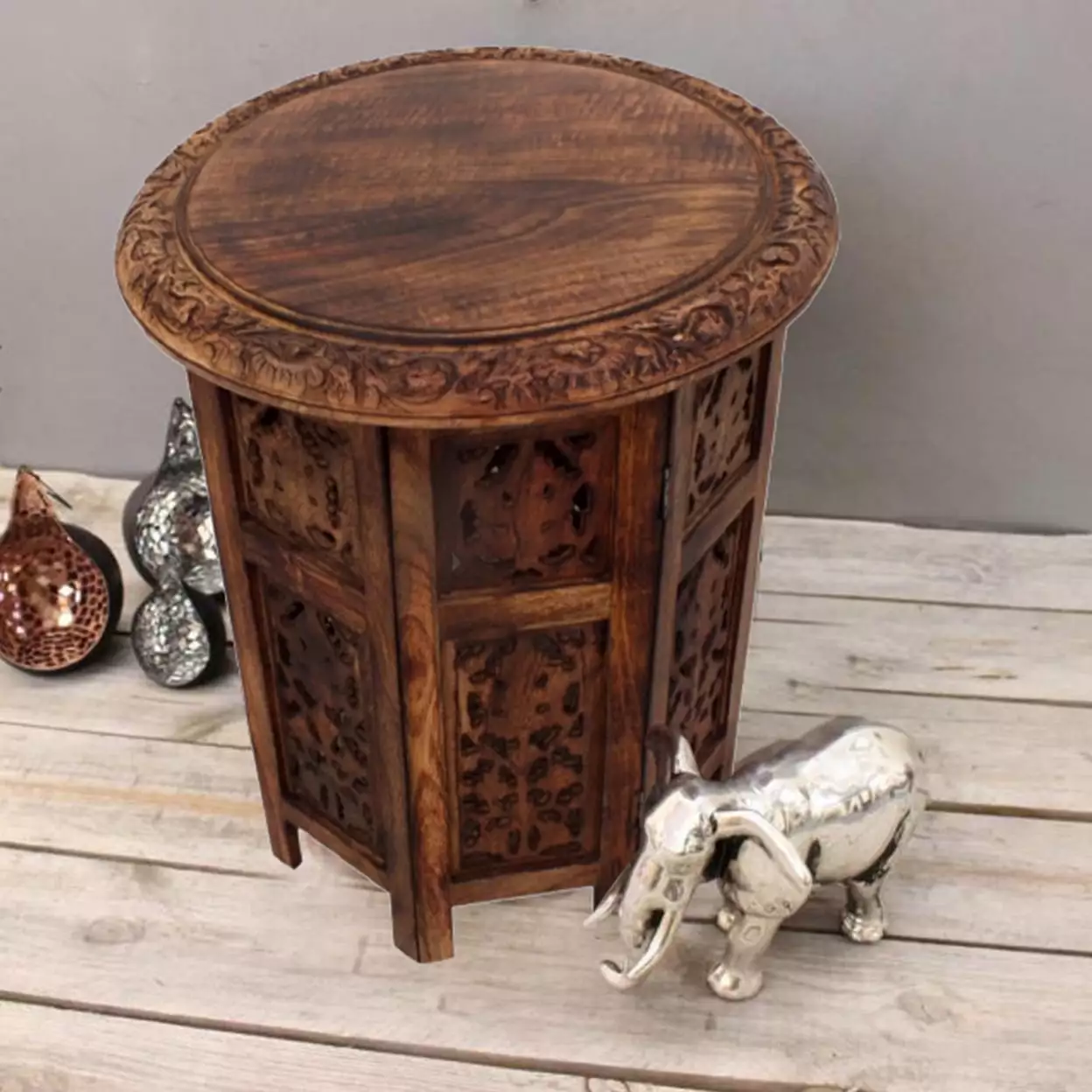 18 Inch Mango Wood Folding Accent Table Hand Carved Walnut Brown Saltoro Sherpi