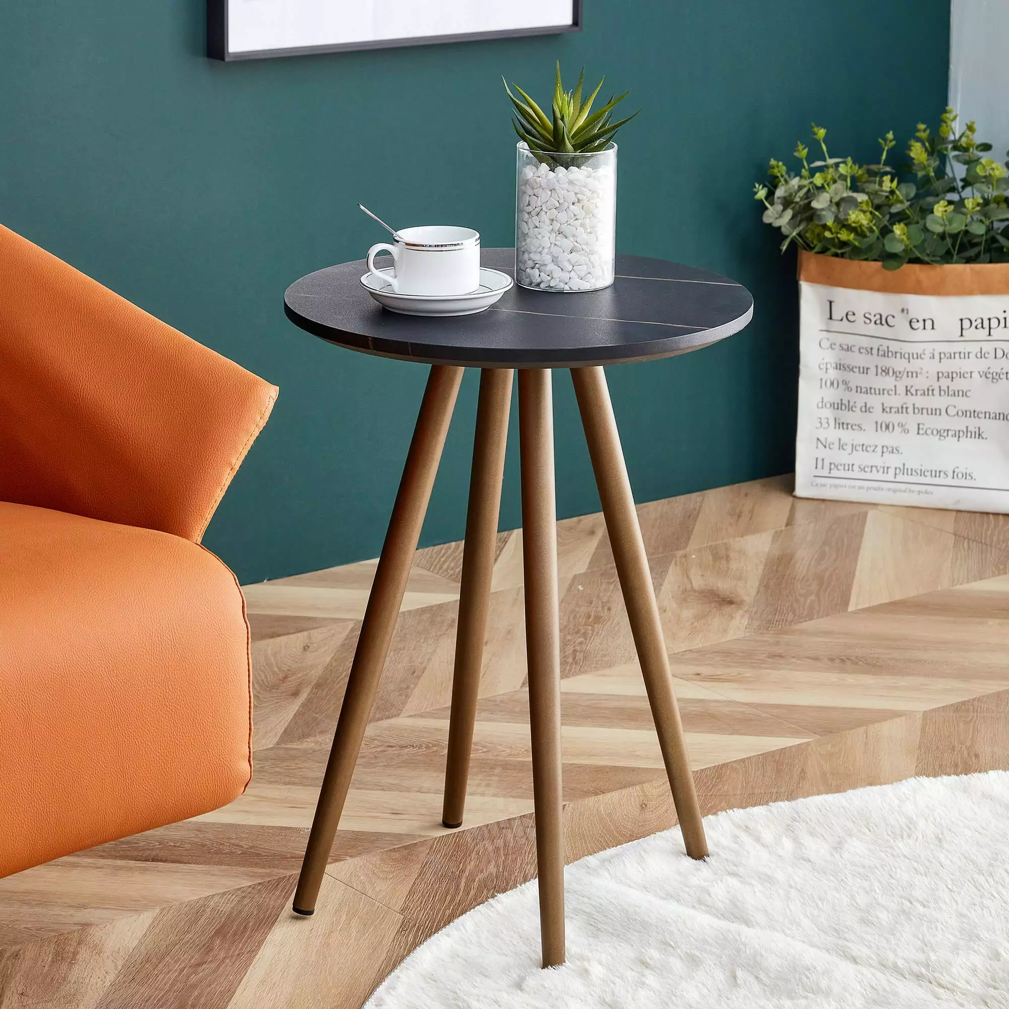 Modern Black Faux Marble Round End Table Black Metal Legs - Minimalist Nightstand Small Spaces SHNHYF