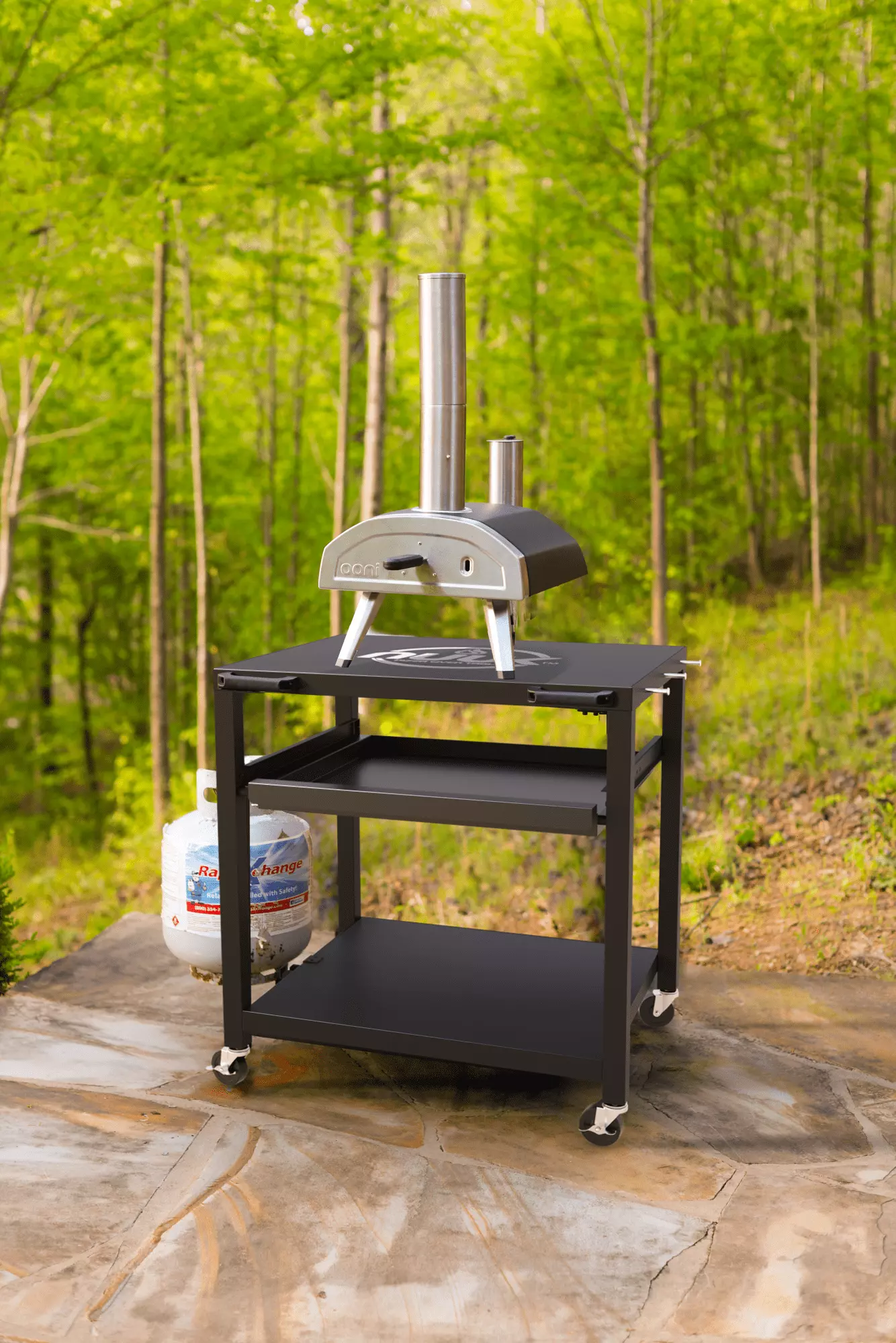 NUUK Three-Shelf Heavy Duty Rolling Outdoor Pizza Oven Table 24 x 30 Steel Worktable