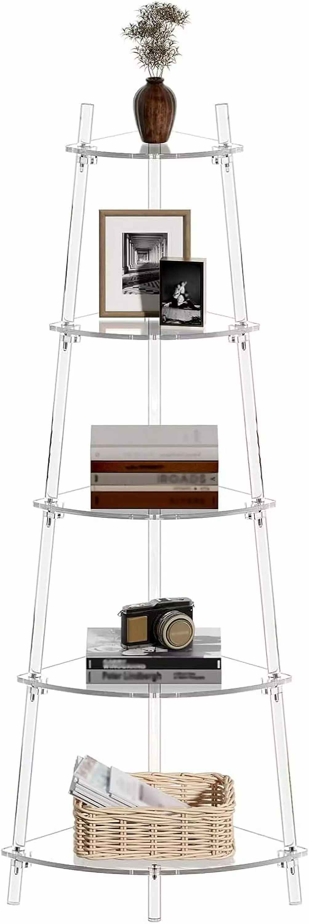 Acrylic 5-Tier Clear Ladder Corner Bookshelf 61 H Multipurpose Shelf Small Spaces Living Room Bathroom Office DONFU