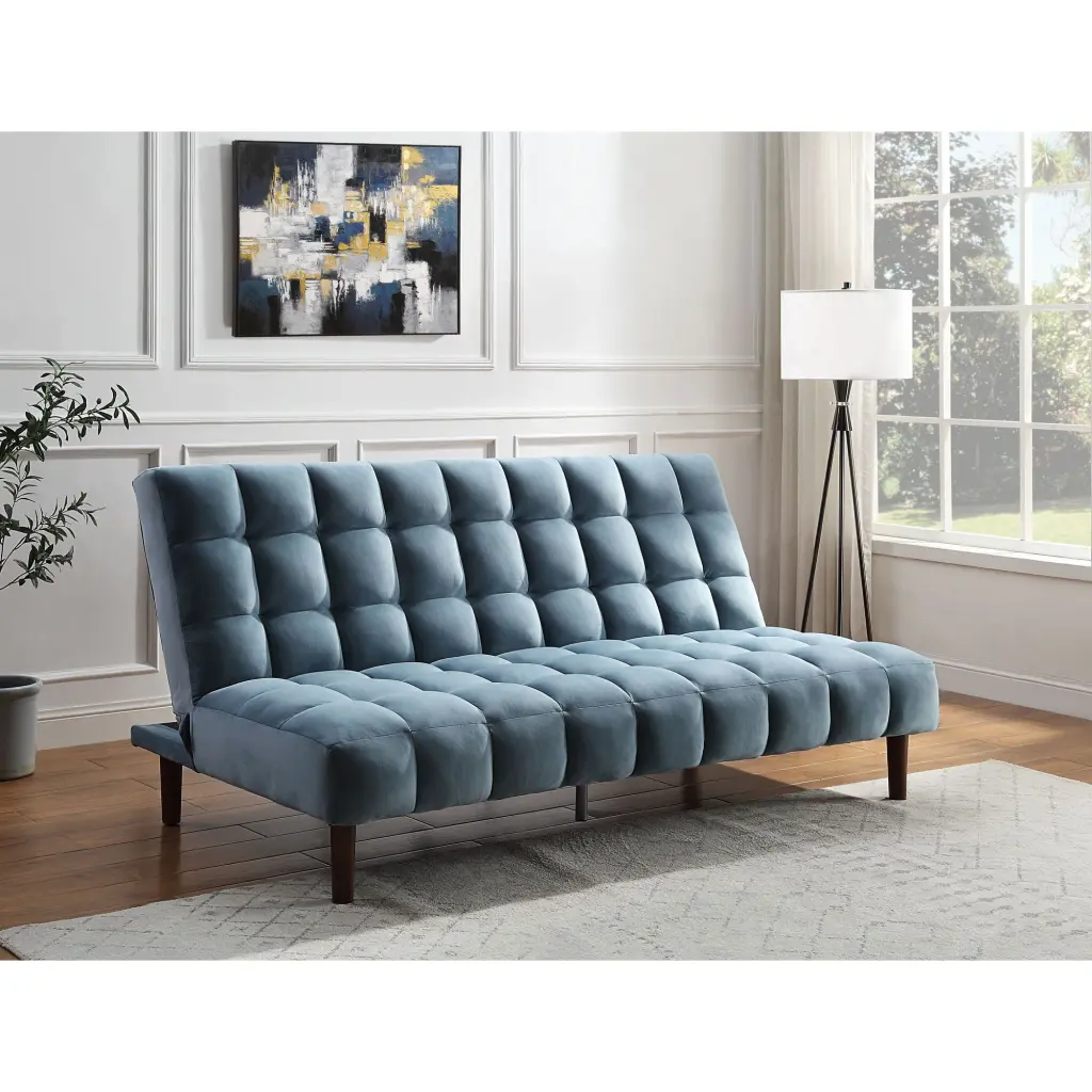 Miekor Furniture Yolandi Adjustable Sofa Teal Velvet and Dark Walnut Finish