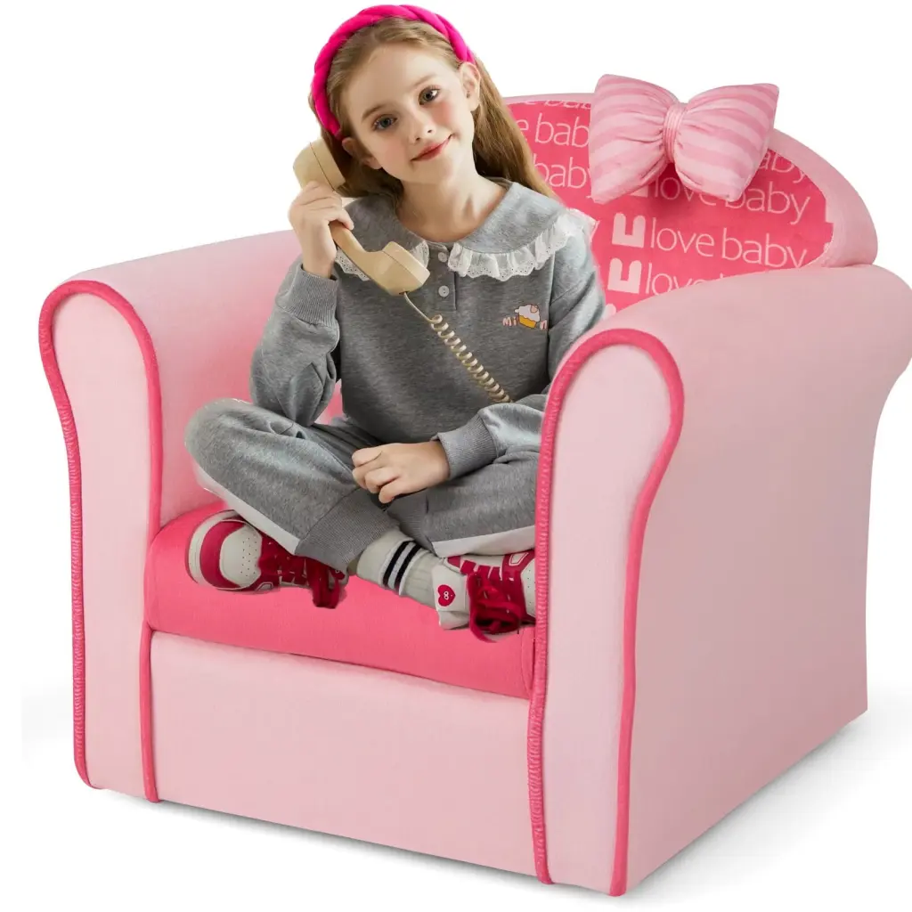 Amijoy Kids Cute Pink Bow Sofa Upholstered Armchair Solid Wood Frame