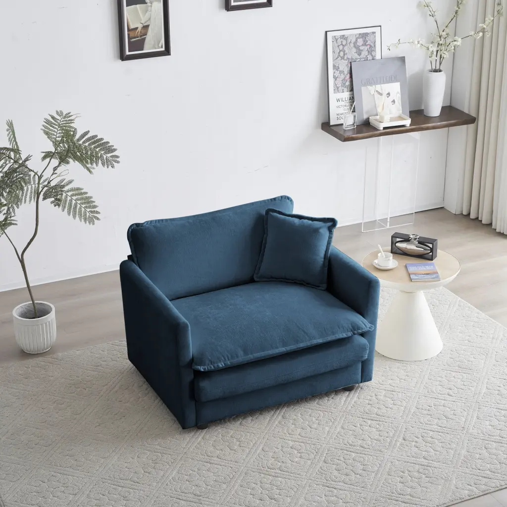 Comfy Deep Single Seat Sofa Armchair Blue Chenille Fabric - Reading Chair Toss Pillow izumuzi