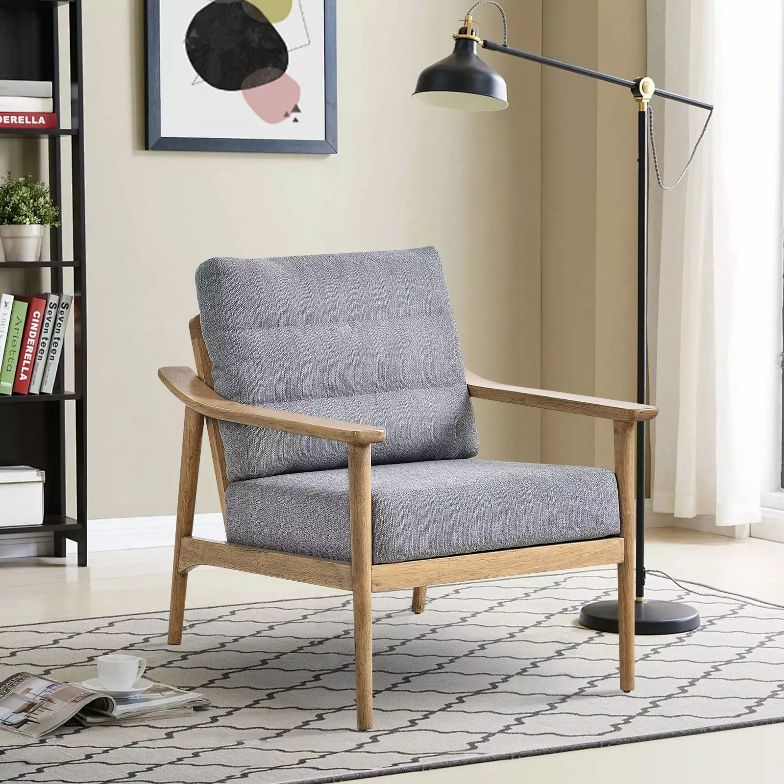 Modern Padded Leisure Armchair Solid Wood Frame Gray Living Room Bedroom Chaise Viruhaka