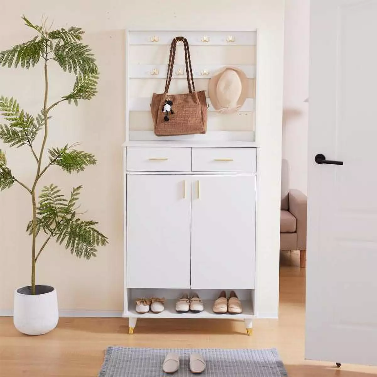 White Entryway Bedroom Armoire Shoe Cabinet Wardrobe Closet Drawers Shelves and Hanging Rod YTTX