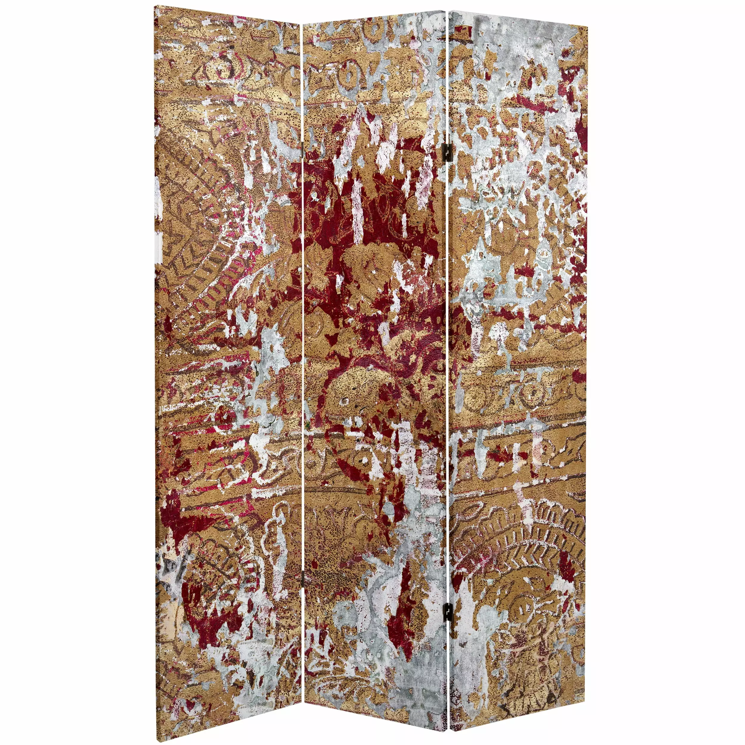 Oriental Furniture 6 ft Tall Fire and Bronze Canvas Room Divider 3 Panel Artistic Folding Screen