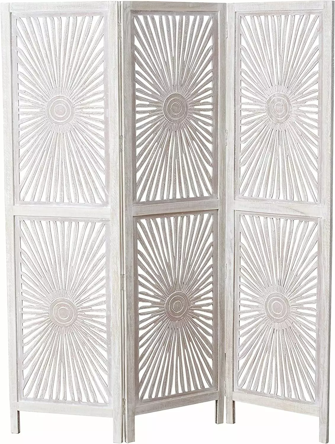Modernist Sunburst Room Divider Carved Abstract Burst Motif 3 Panel Vintage Style WHW