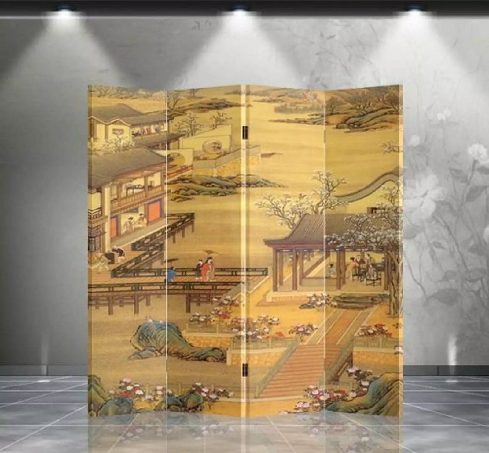 Double Sided Canvas Screen Room Divider Chinese Garden Art Folding 3 Panel Privacy Screen Asian Home