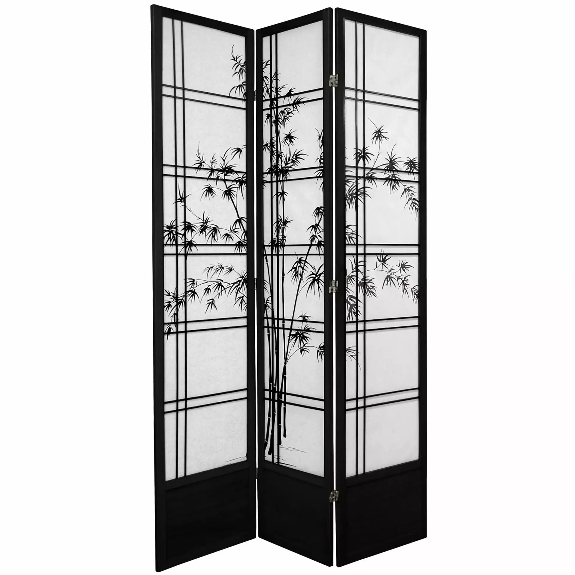 7 ft Luxury Japanese Design Bamboo Tree Print Black 3-Panel Room Divider Screen Oriental Furniture