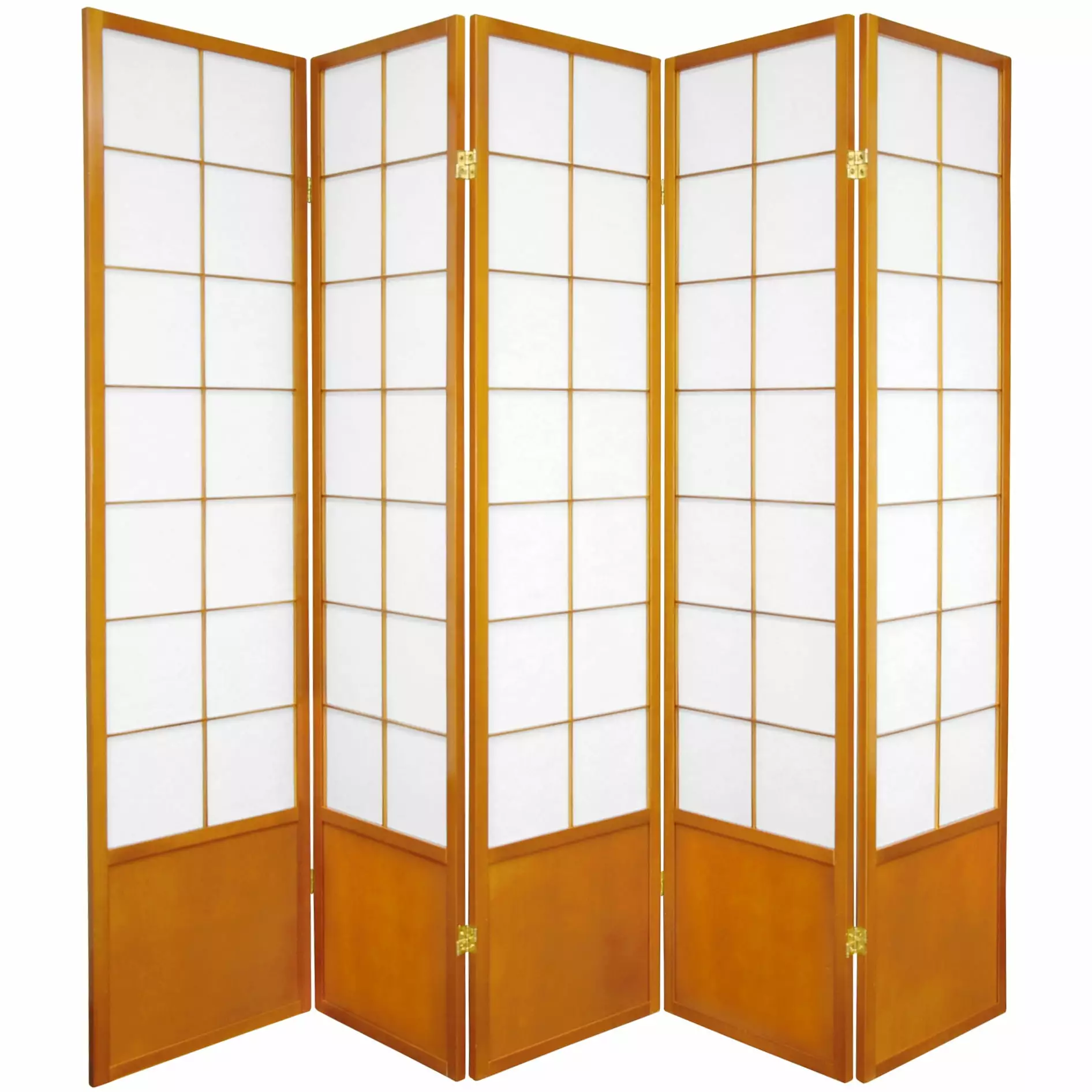 6 ft Tall Luxury Japanese Design Wide Window Pane Screen - Honey Finish 5 Panels Oriental Furniture