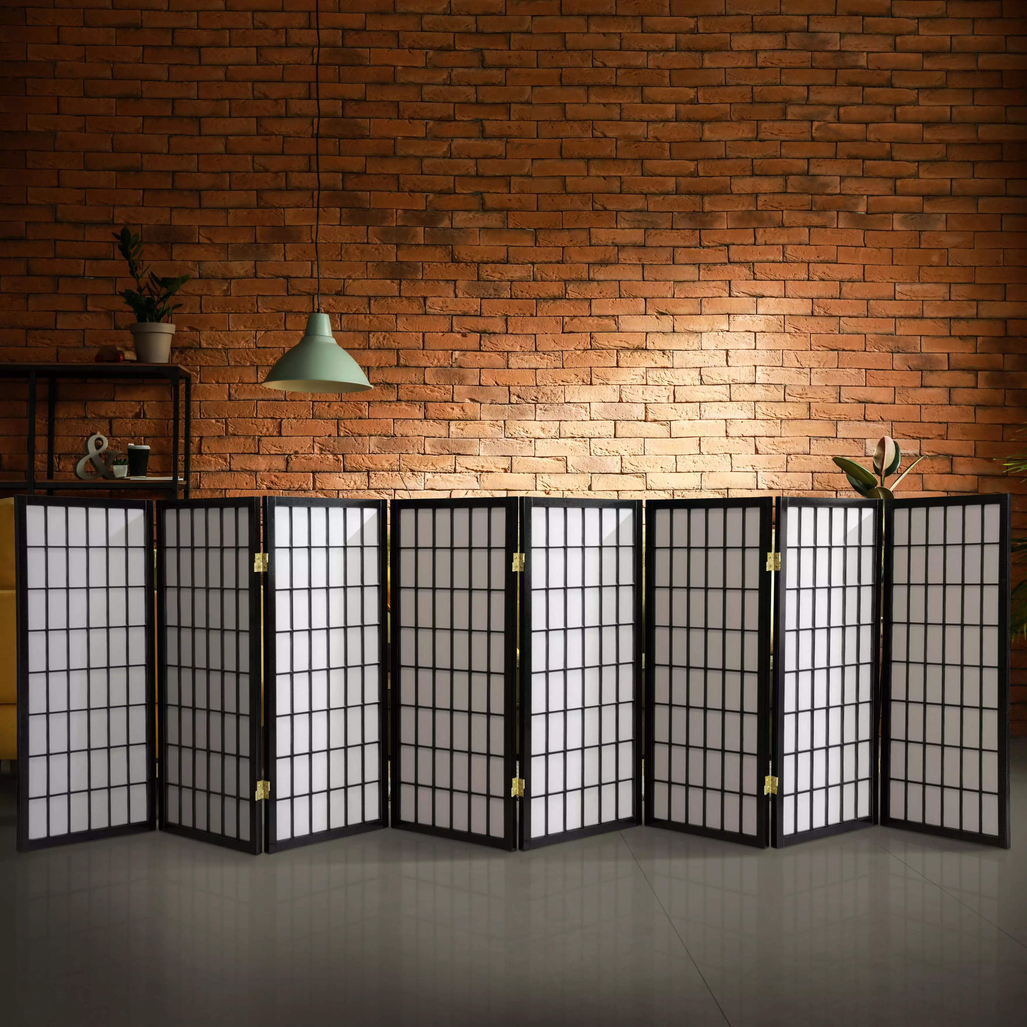 3 ft. Tall Timeless Japanese Window Pane Lattice Privacy Screen - Black - 8 Panels Oriental Furniture