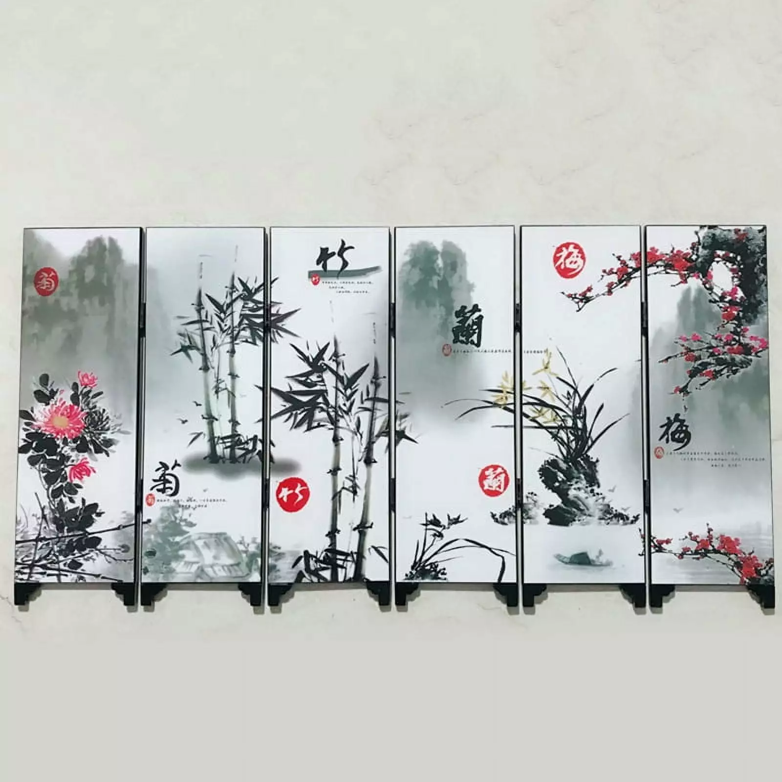6 Panel Flower Bamboo Screen Room Divider Wood Folding Partition Business Gift BAMILL